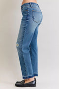 Judy Blue Full Size Mid Rise Bf Patch & Repair Destroy Release Hem Jeans Plus Size - Desert Sunday
