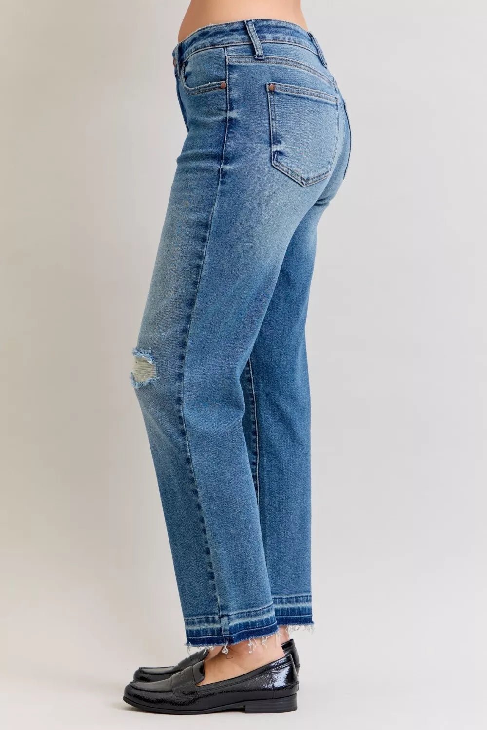 Judy Blue Full Size Mid Rise Bf Patch & Repair Destroy Release Hem Jeans Plus Size - Desert Sunday