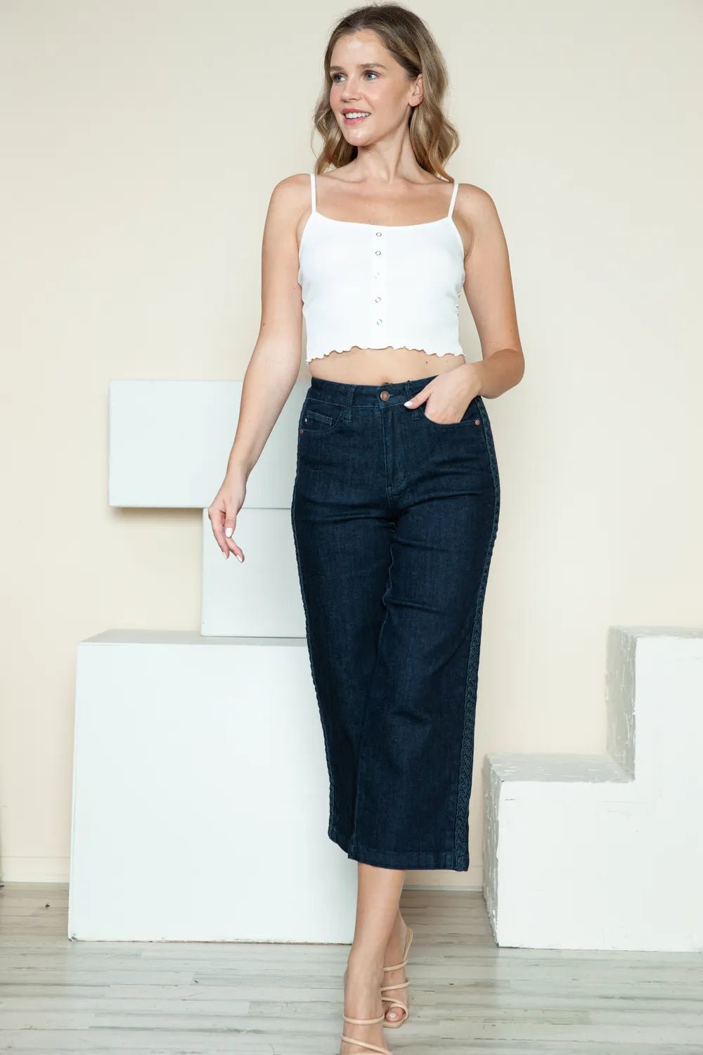 Judy Blue Full Size Side Seam Braid Detail Crop Wide Leg Jeans - Desert Sunday