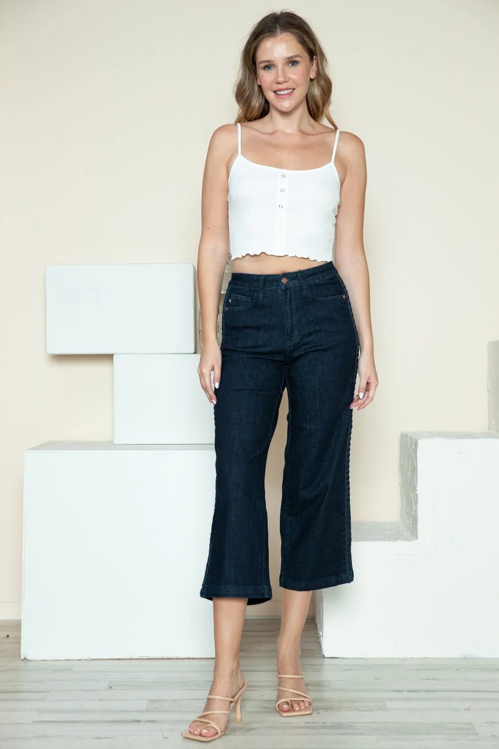 Judy Blue Full Size Side Seam Braid Detail Crop Wide Leg Jeans - Desert Sunday