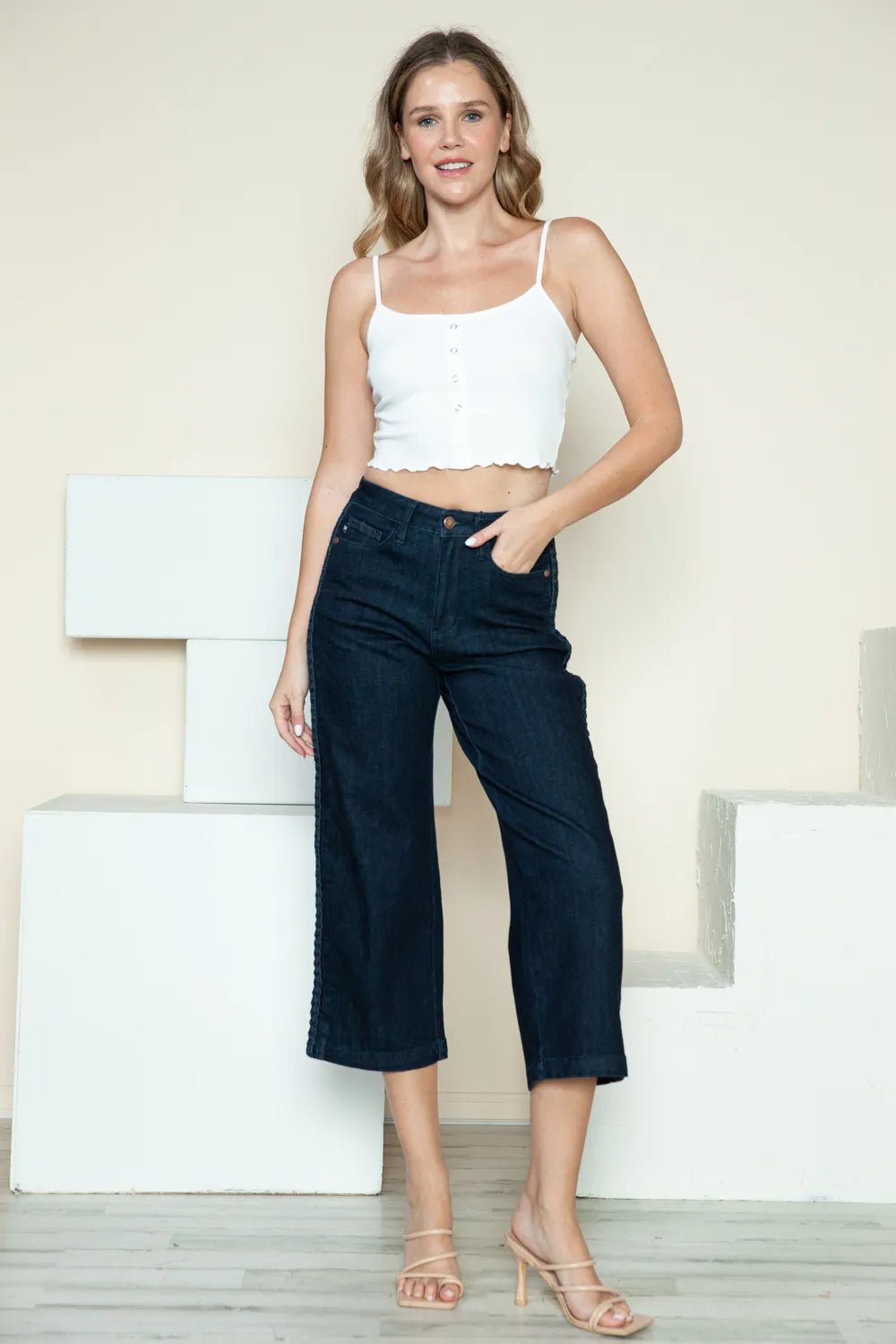 Judy Blue Full Size Side Seam Braid Detail Crop Wide Leg Jeans - Desert Sunday