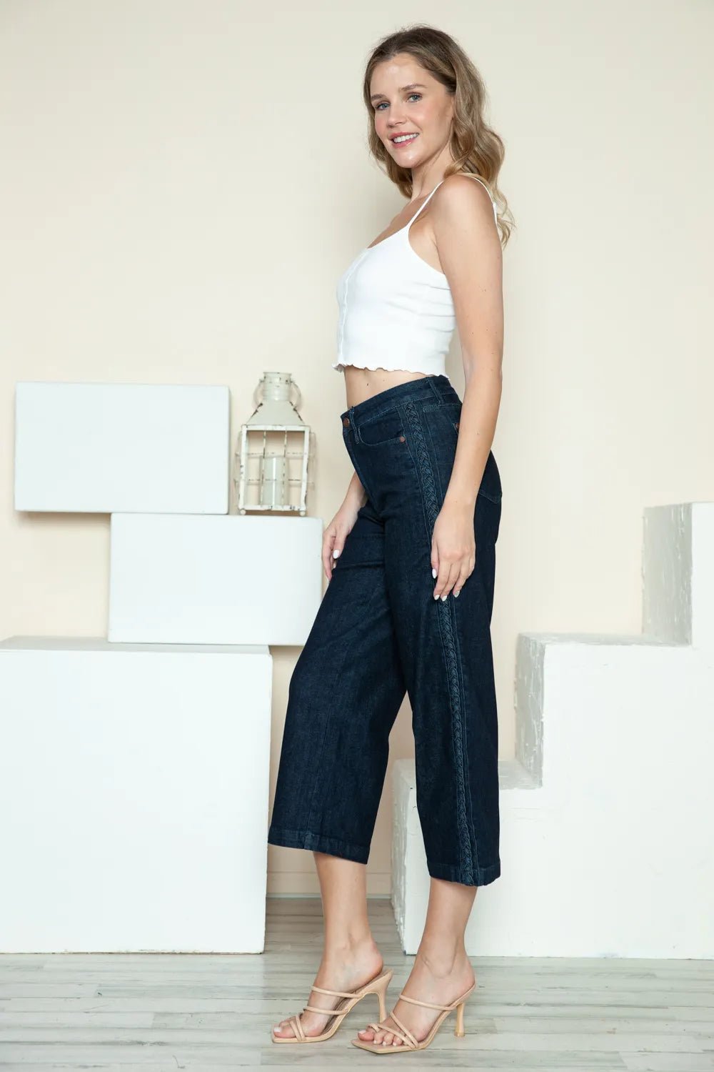Judy Blue Full Size Side Seam Braid Detail Crop Wide Leg Jeans - Desert Sunday