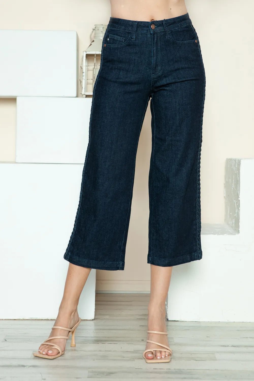 Judy Blue Full Size Side Seam Braid Detail Crop Wide Leg Jeans - Desert Sunday