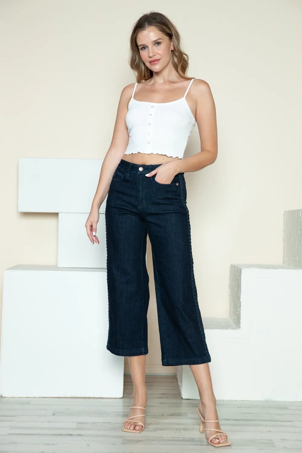 Judy Blue Full Size Side Seam Braid Detail Crop Wide Leg Jeans - Desert Sunday