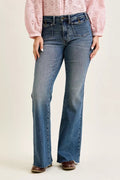 Judy Blue Mid Rise Flare Jeans with Front Flap Pockets - Desert Sunday