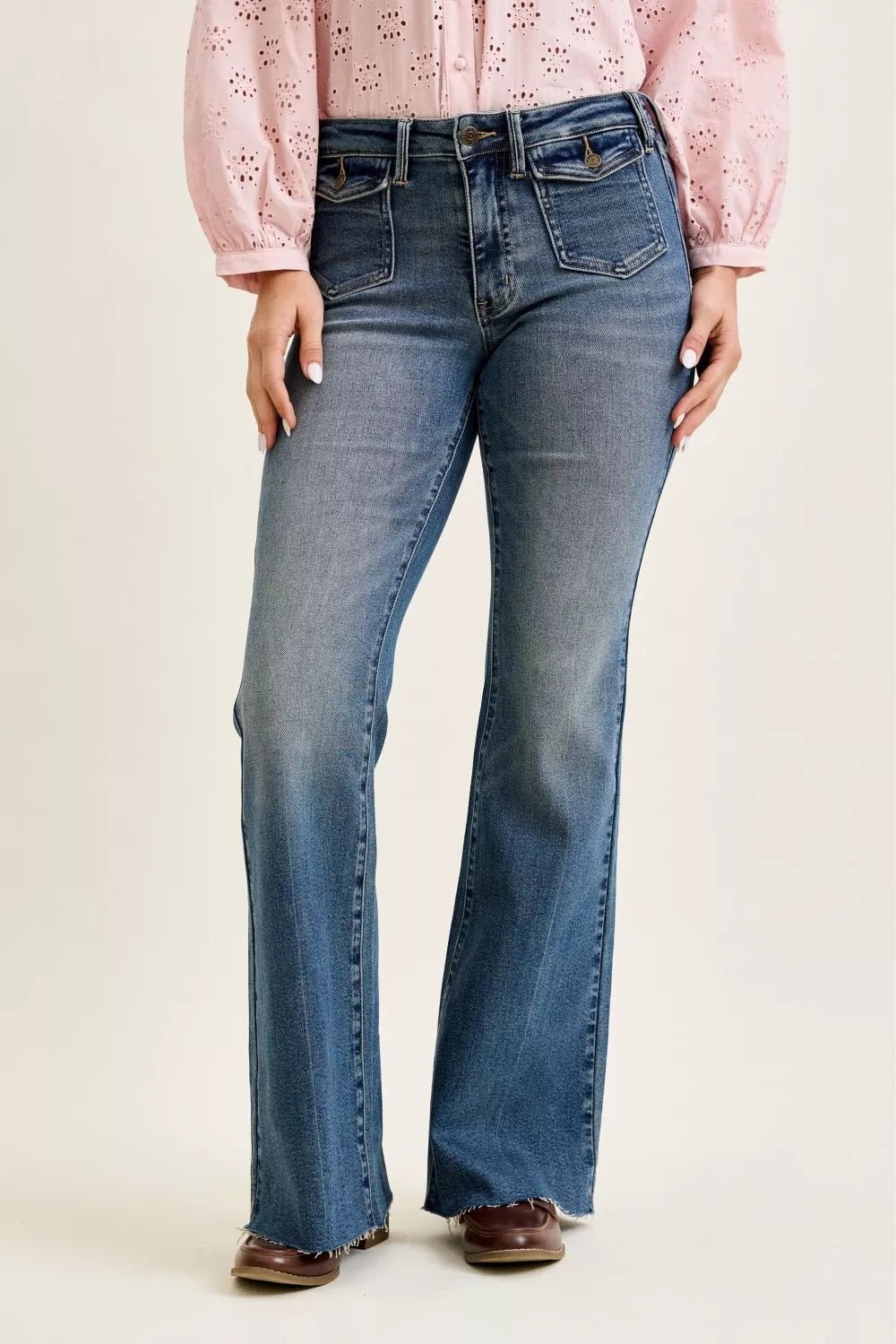 Judy Blue Mid Rise Flare Jeans with Front Flap Pockets - Desert Sunday