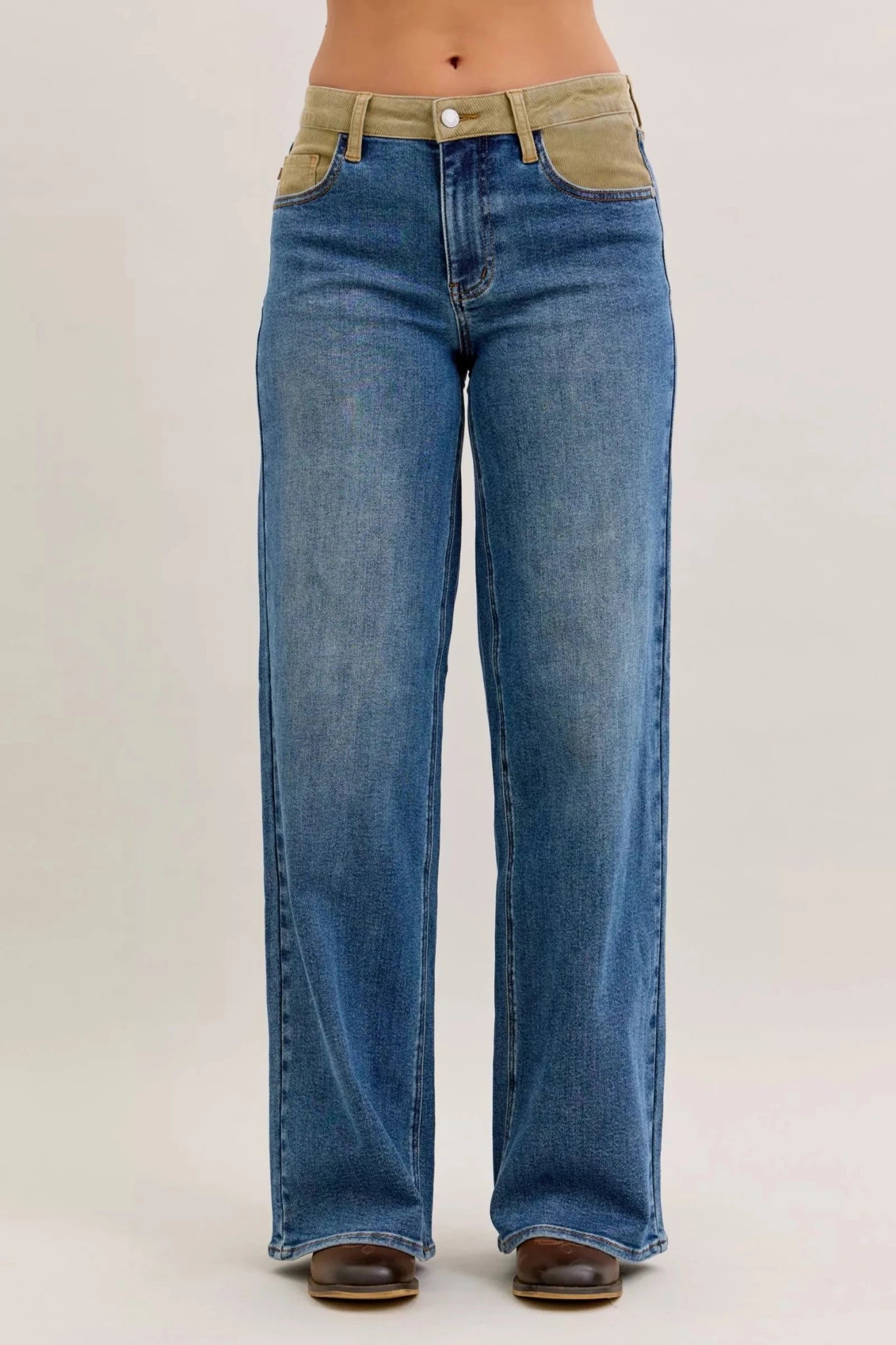 Judy Blue MR Column Straight Jeans with Corduroy Waist - Desert Sunday