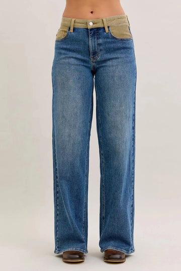 Judy Blue MR Column Straight Jeans with Corduroy Waist - Desert Sunday