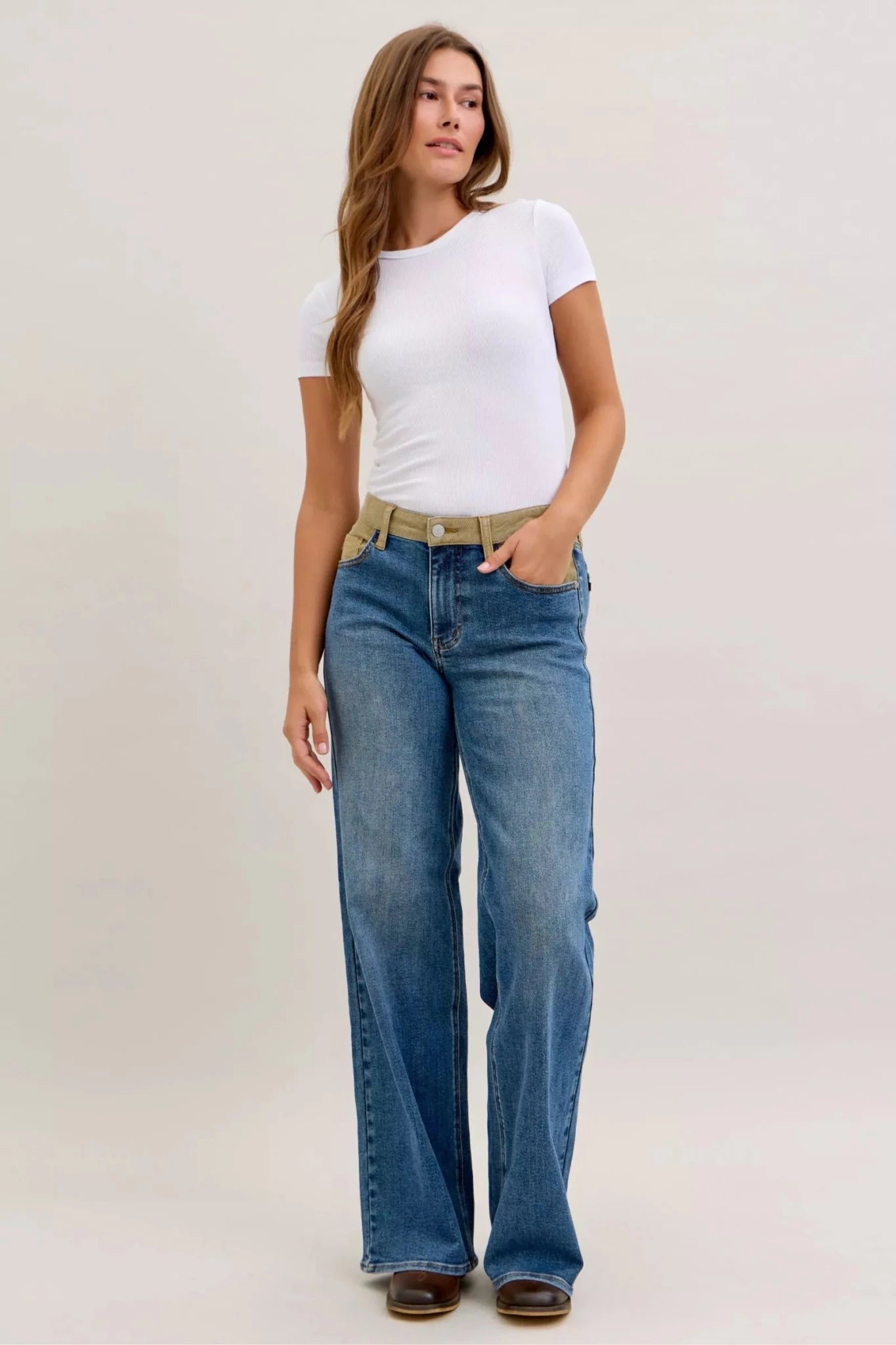 Judy Blue MR Column Straight Jeans with Corduroy Waist - Desert Sunday
