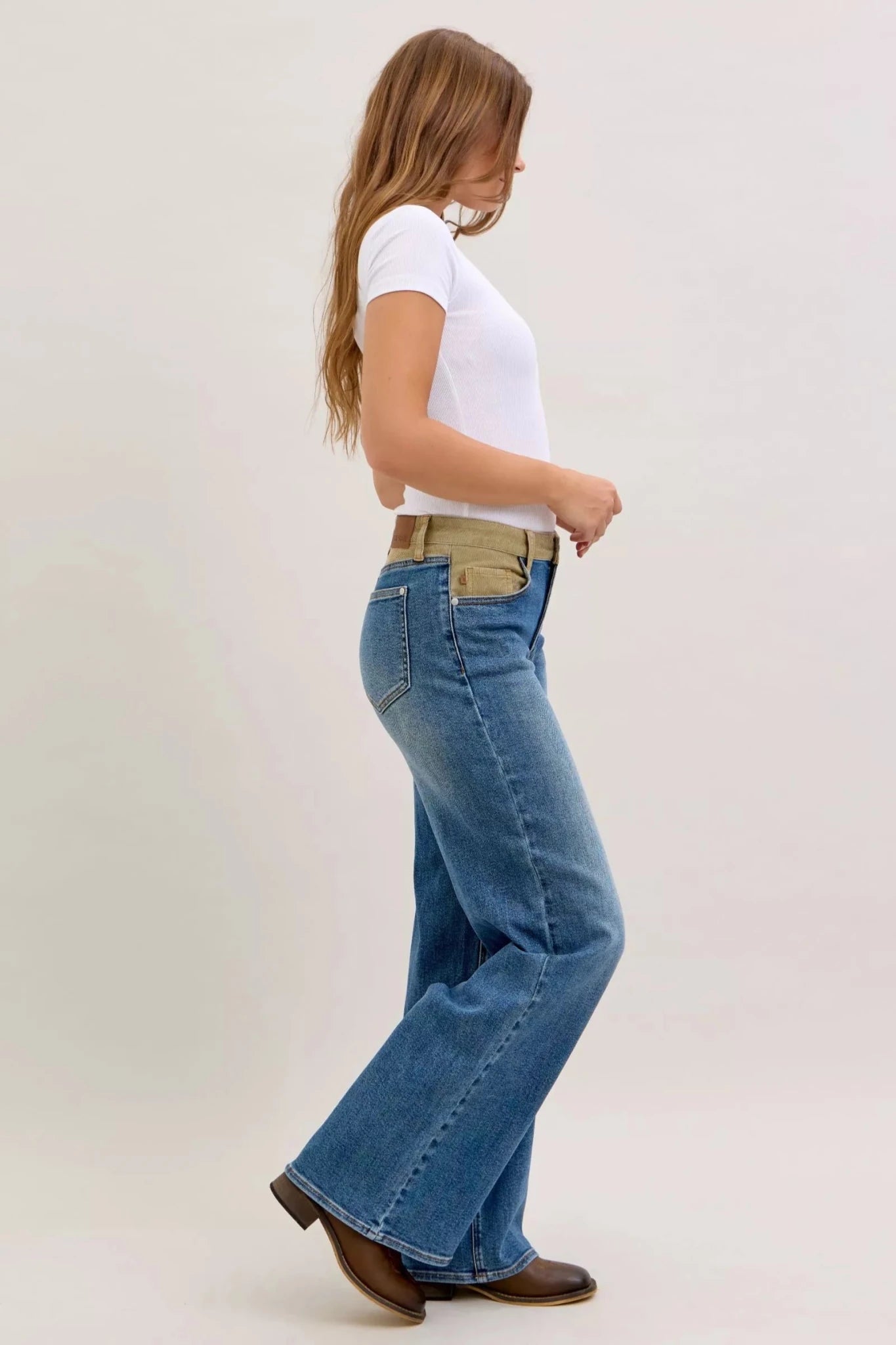 Judy Blue MR Column Straight Jeans with Corduroy Waist - Desert Sunday