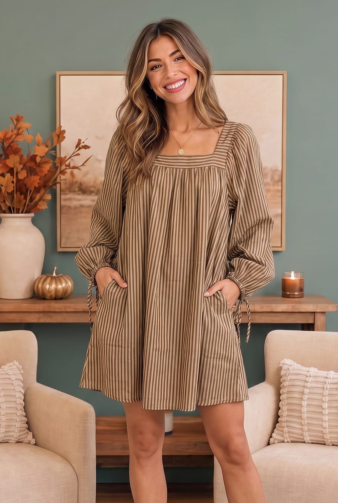Just Darling Striped Square Neck Mini Dress - Desert Sunday