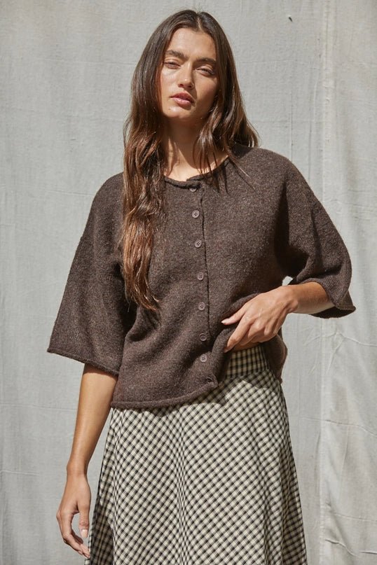 Kelsey Quarter Sleeve Cardigan in Dark Brown - Desert Sunday