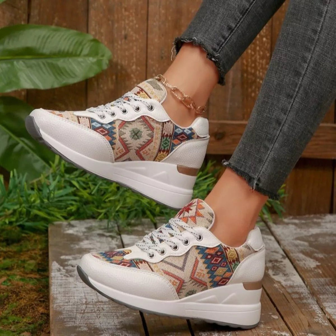 Lace Up Wedge Sneakers - Desert Sunday