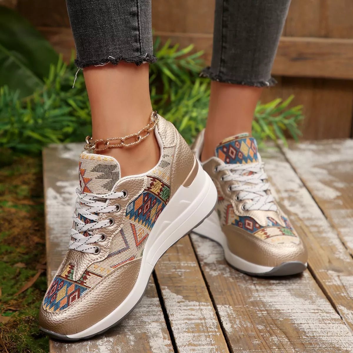 Lace Up Wedge Sneakers - Desert Sunday