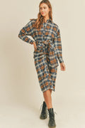Mable Plaid Flannel Front Tie Button Down Shirt Dress - Desert Sunday