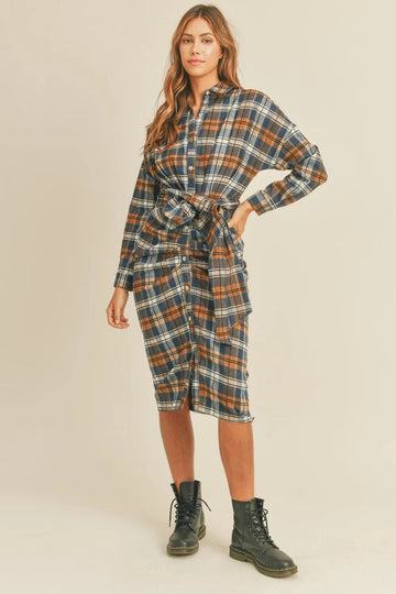 Mable Plaid Flannel Front Tie Button Down Shirt Dress - Desert Sunday
