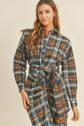 Mable Plaid Flannel Front Tie Button Down Shirt Dress - Desert Sunday