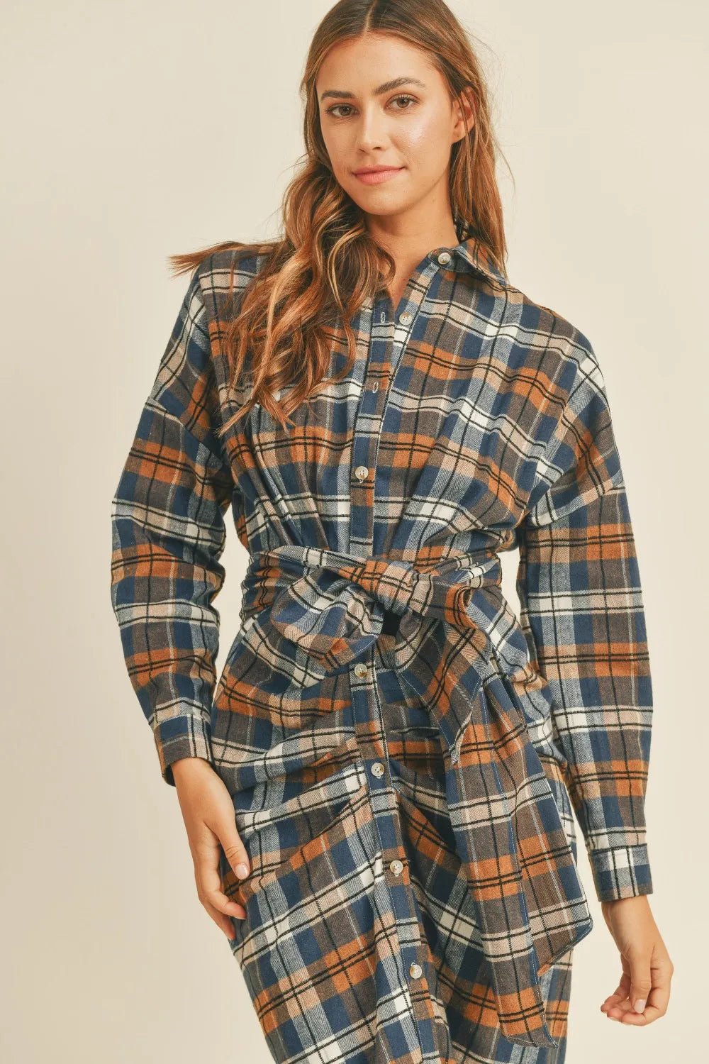 Mable Plaid Flannel Front Tie Button Down Shirt Dress - Desert Sunday