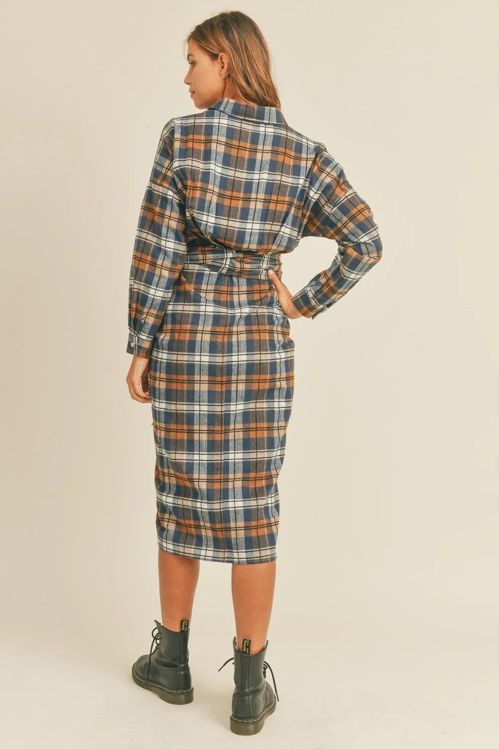 Mable Plaid Flannel Front Tie Button Down Shirt Dress - Desert Sunday