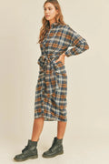 Mable Plaid Flannel Front Tie Button Down Shirt Dress - Desert Sunday