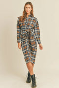 Mable Plaid Flannel Front Tie Button Down Shirt Dress - Desert Sunday