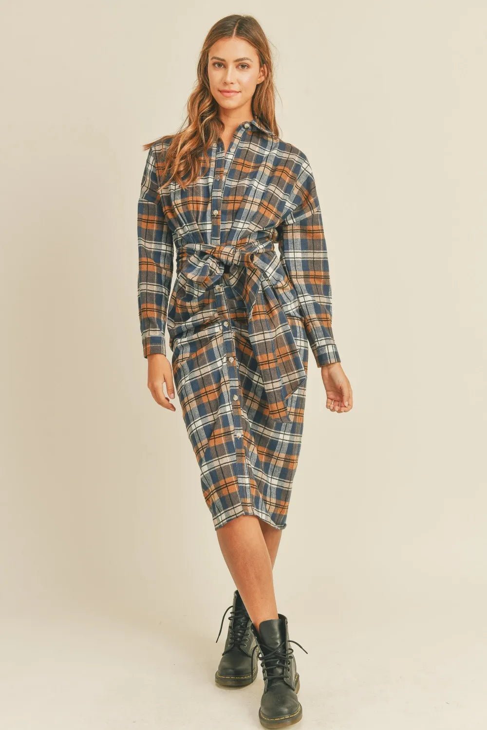 Mable Plaid Flannel Front Tie Button Down Shirt Dress - Desert Sunday