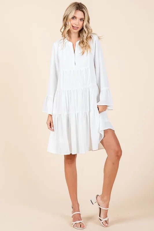Mittoshop Tiered Notched Flare Sleeve Dress - Desert Sunday