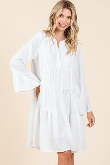 Mittoshop Tiered Notched Flare Sleeve Dress - Desert Sunday