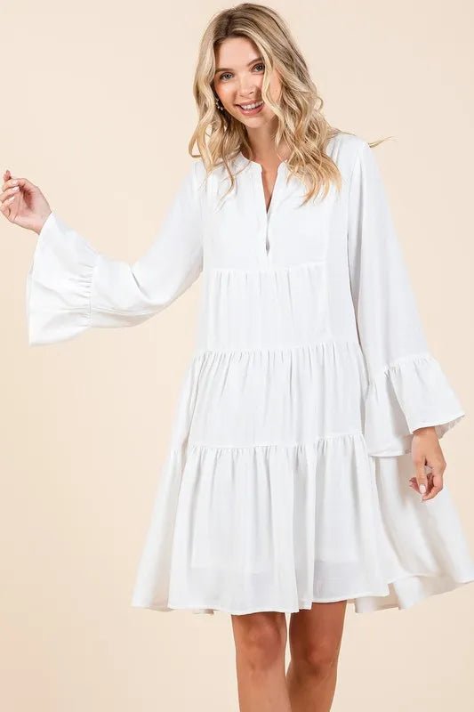 Mittoshop Tiered Notched Flare Sleeve Dress - Desert Sunday