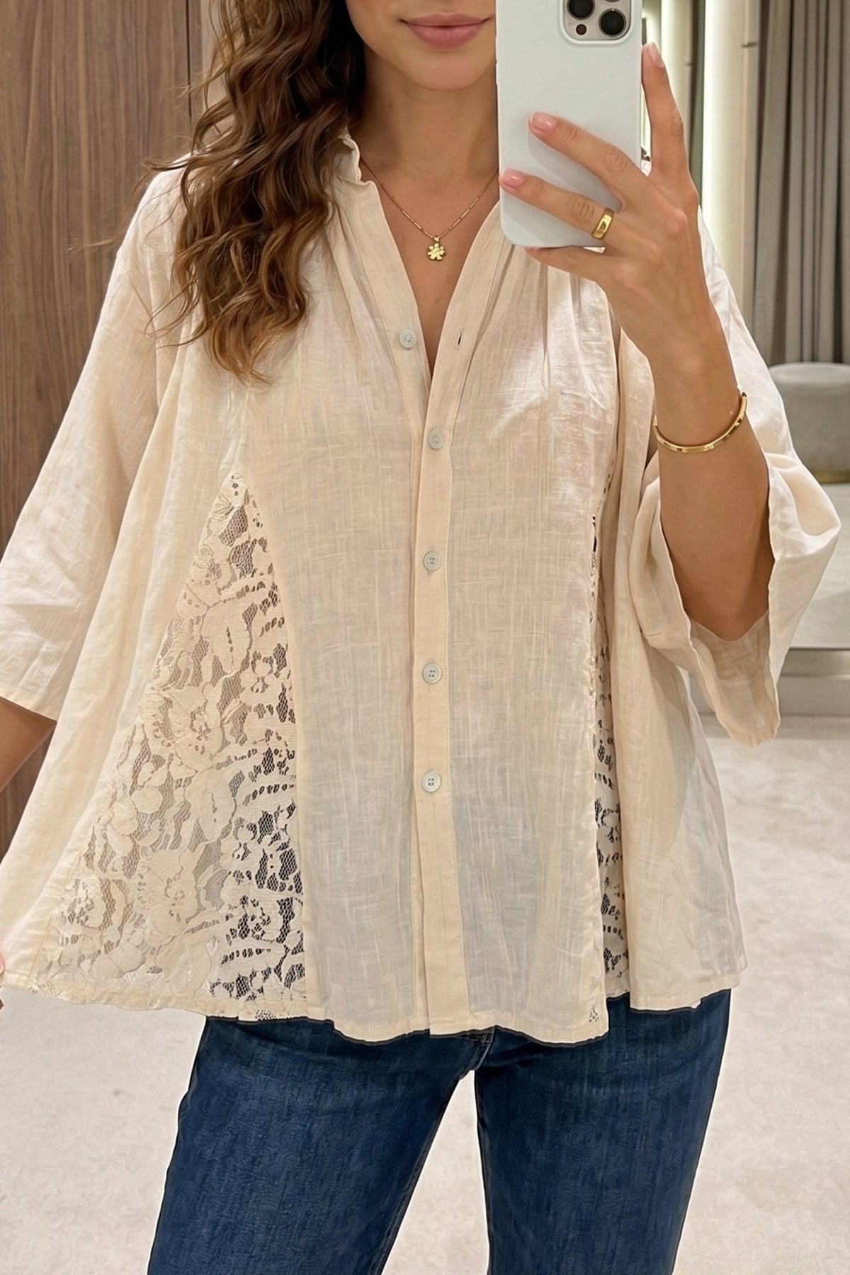 Oatmeal Lace Whisper Flowy Blouse - Desert Sunday