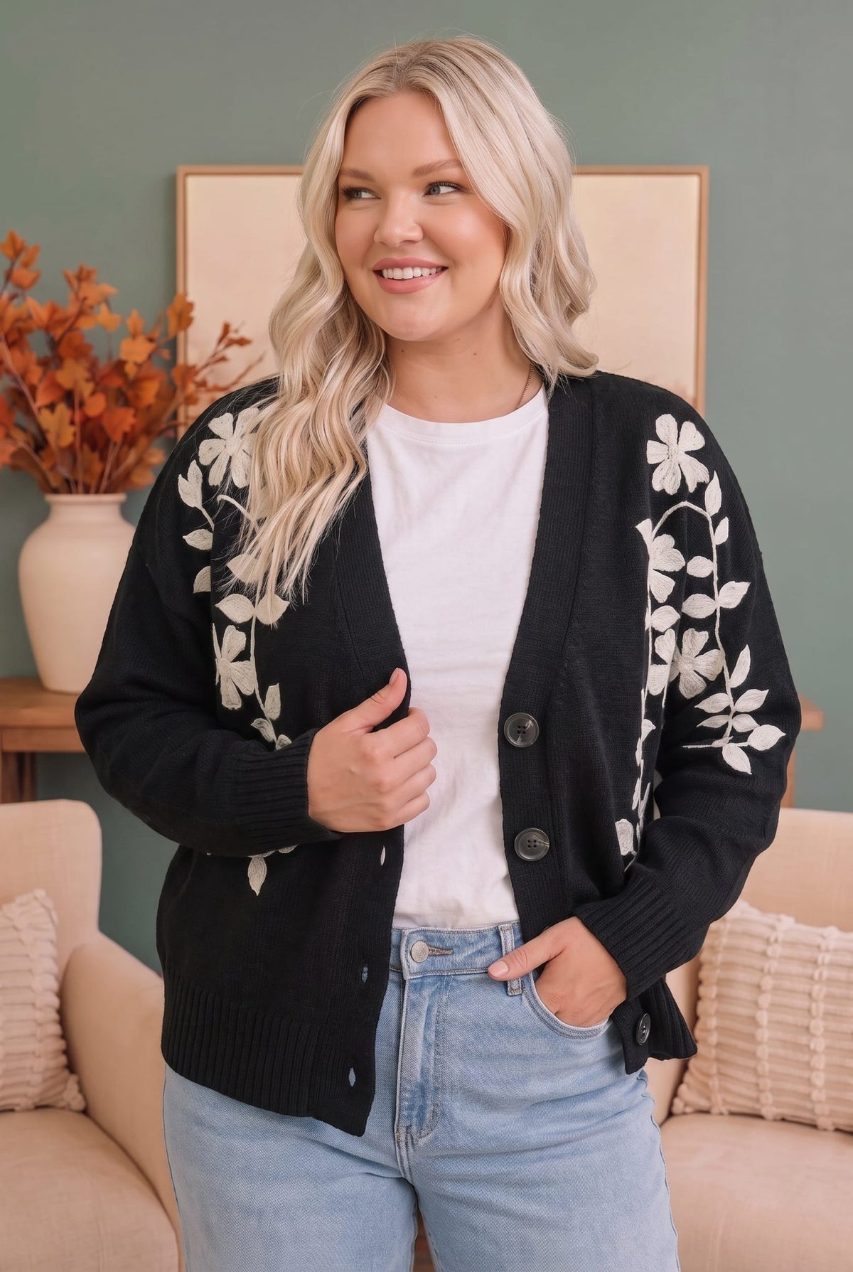 Off the Vine Black Floral Embroidered Cardigan - Desert Sunday