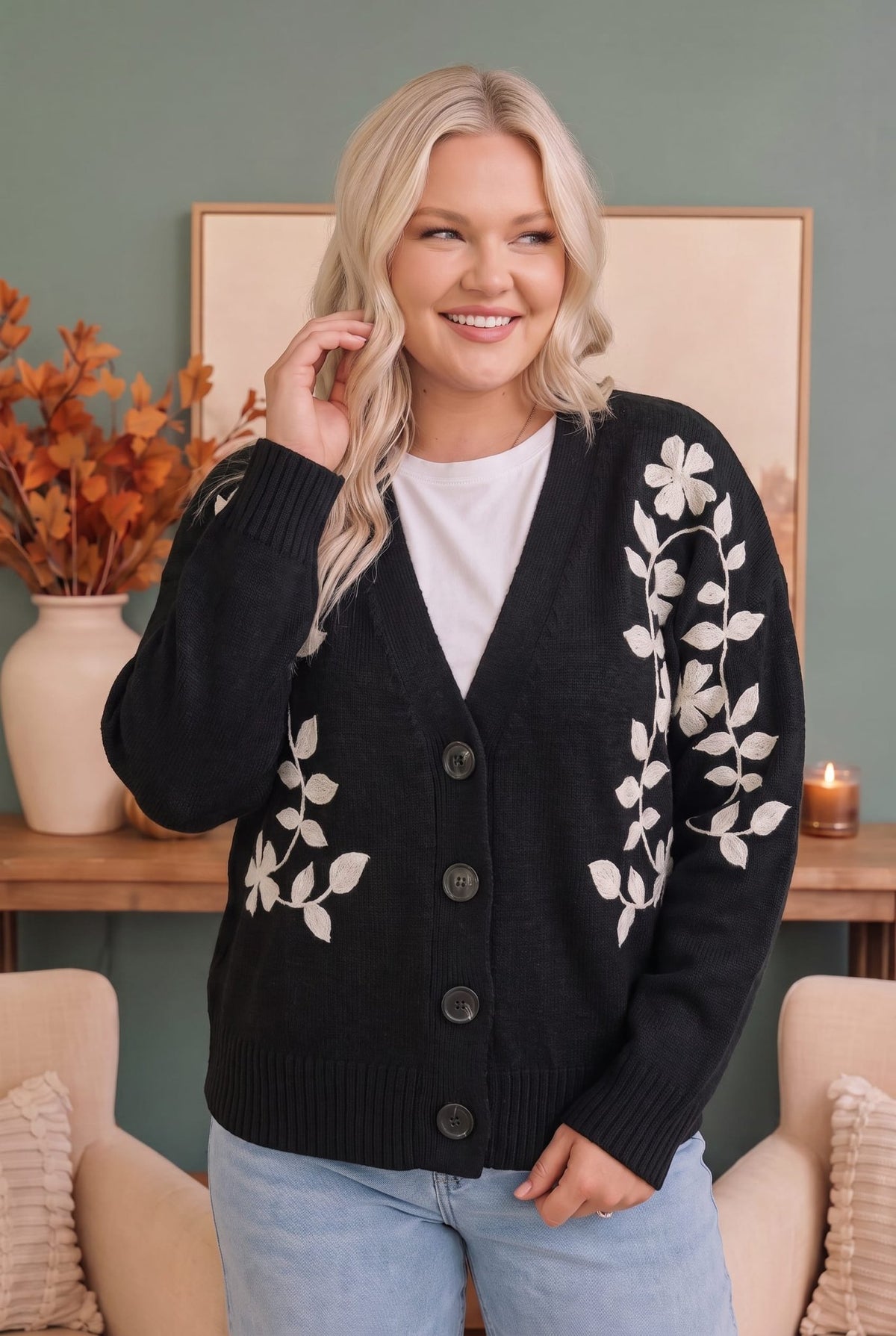 Off the Vine Black Floral Embroidered Cardigan - Desert Sunday