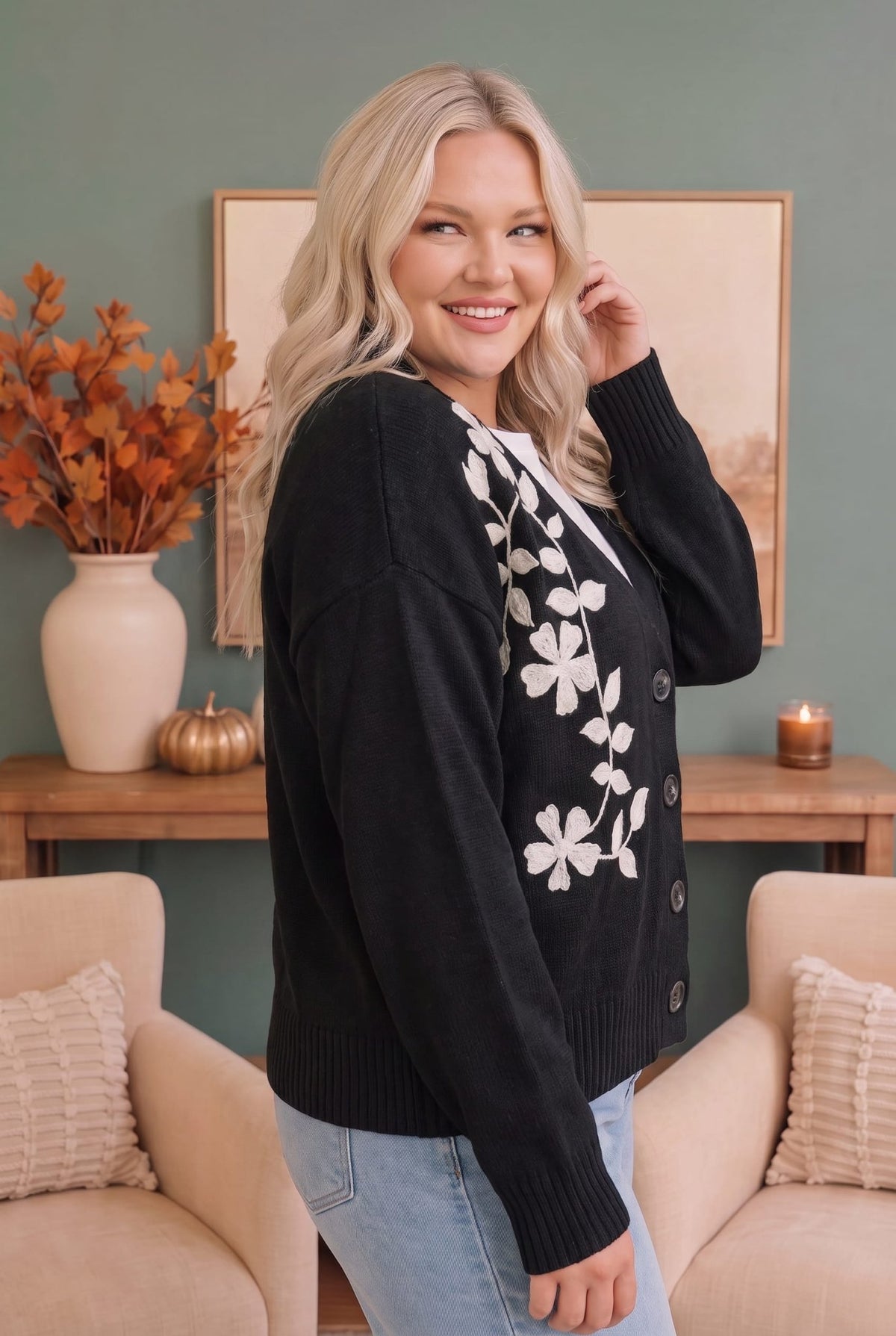 Off the Vine Black Floral Embroidered Cardigan - Desert Sunday