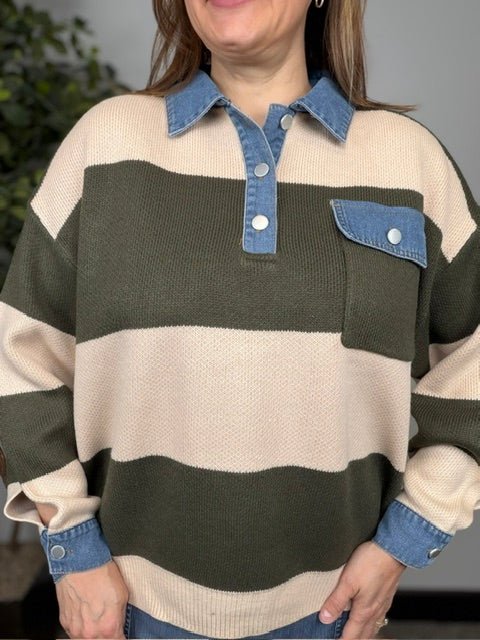 Olive Grove Striped Denim Collar Sweater - Desert Sunday