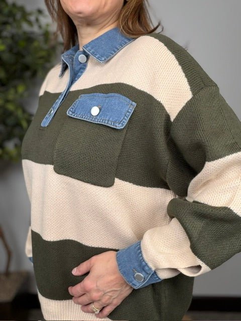 Olive Grove Striped Denim Collar Sweater - Desert Sunday