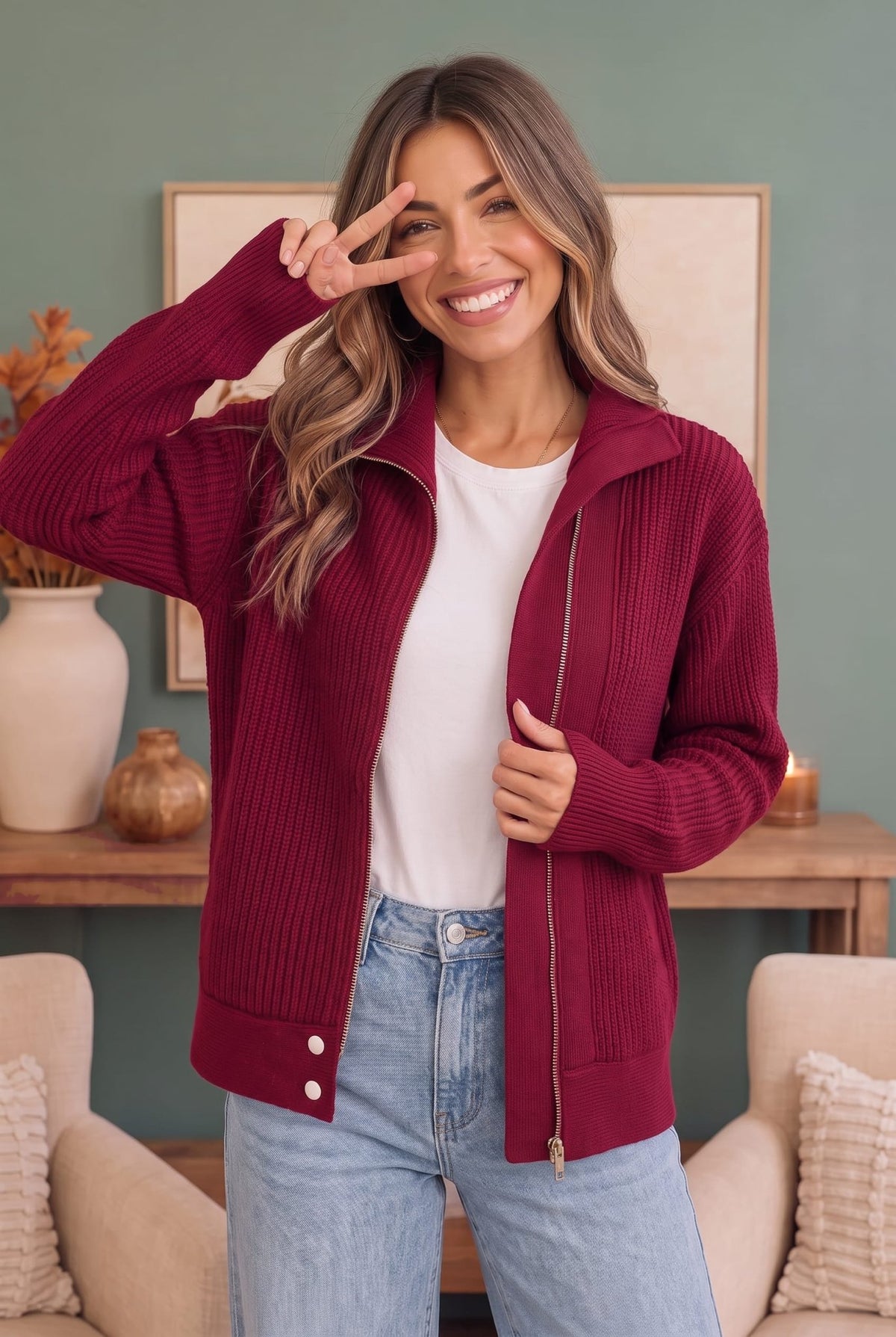 On Set Zip-Up Ribbed Sweater Jacket in Cranberry - Desert Sunday