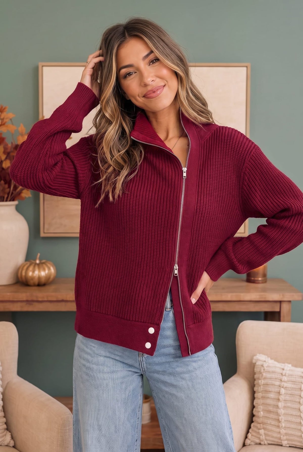 On Set Zip-Up Ribbed Sweater Jacket in Cranberry - Desert Sunday