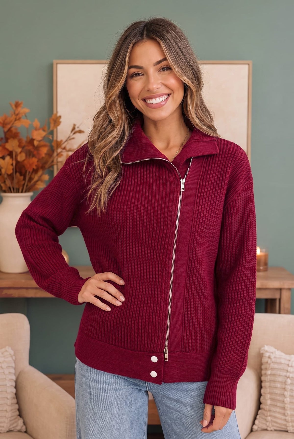On Set Zip-Up Ribbed Sweater Jacket in Cranberry - Desert Sunday