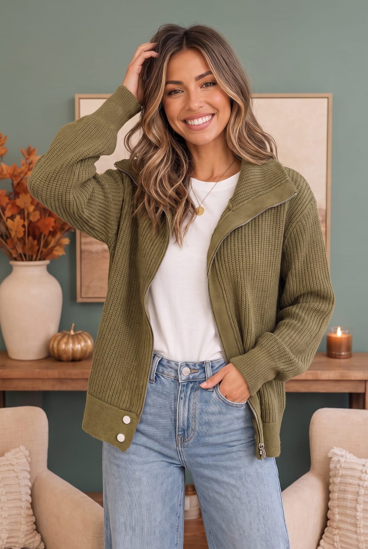 On Set Zip-Up Ribbed Sweater Jacket in Olive - Desert Sunday