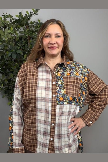 Patchwork Plaid Mixed Media Button Down Shirt - Desert Sunday