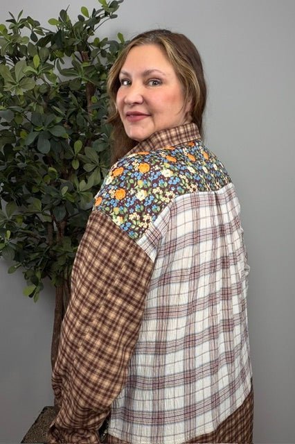 Patchwork Plaid Mixed Media Button Down Shirt - Desert Sunday