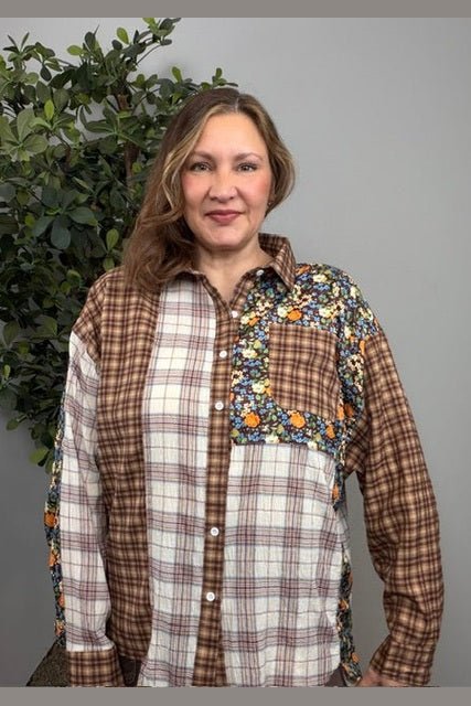 Patchwork Plaid Mixed Media Button Down Shirt - Desert Sunday