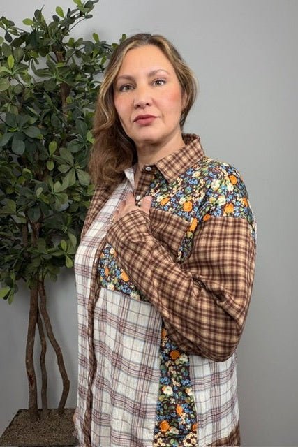 Patchwork Plaid Mixed Media Button Down Shirt - Desert Sunday