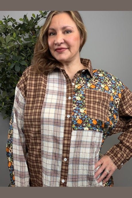 Patchwork Plaid Mixed Media Button Down Shirt - Desert Sunday
