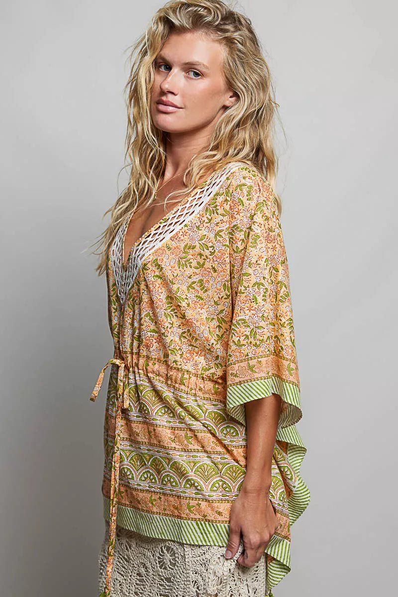 POL Block Print Floral Tie Front Boho Blouse - Desert Sunday
