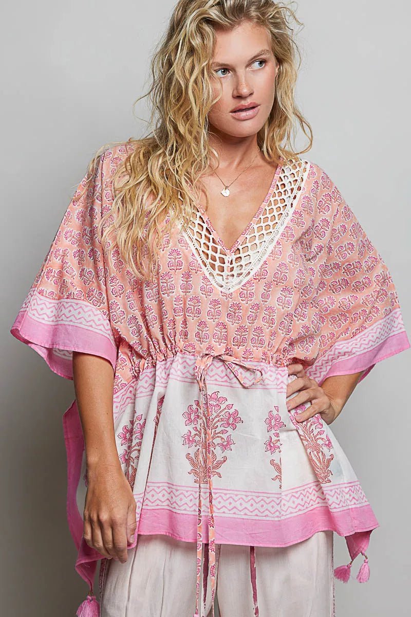 POL Block Print Floral Tie Front Boho Blouse - Desert Sunday