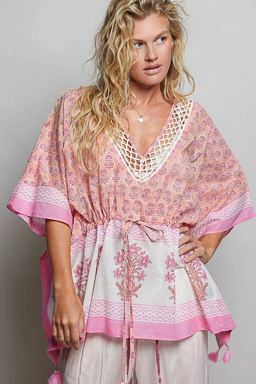 POL Block Print Floral Tie Front Boho Blouse - Desert Sunday