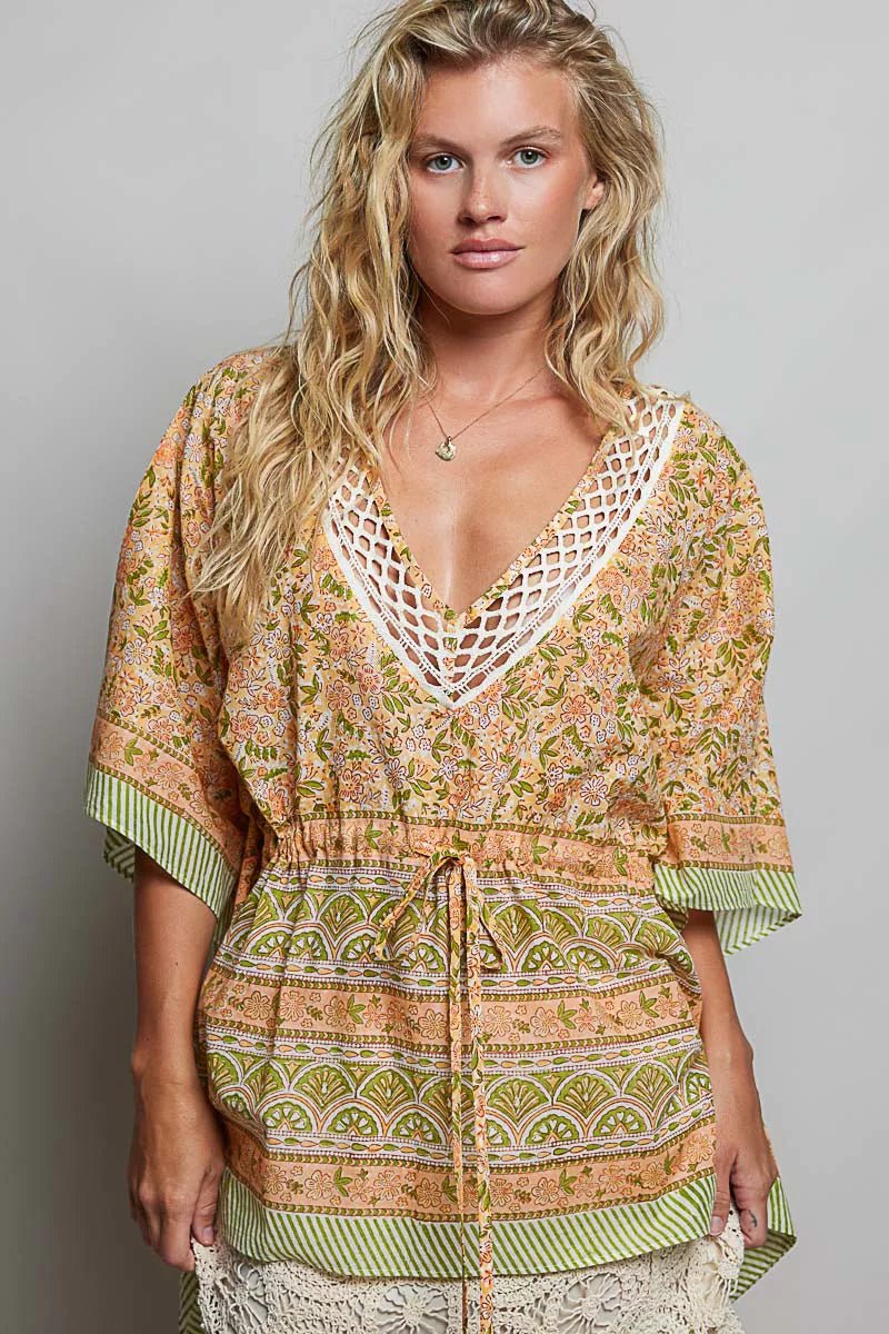 POL Block Print Floral Tie Front Boho Blouse - Desert Sunday