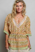 POL Block Print Floral Tie Front Boho Blouse - Desert Sunday
