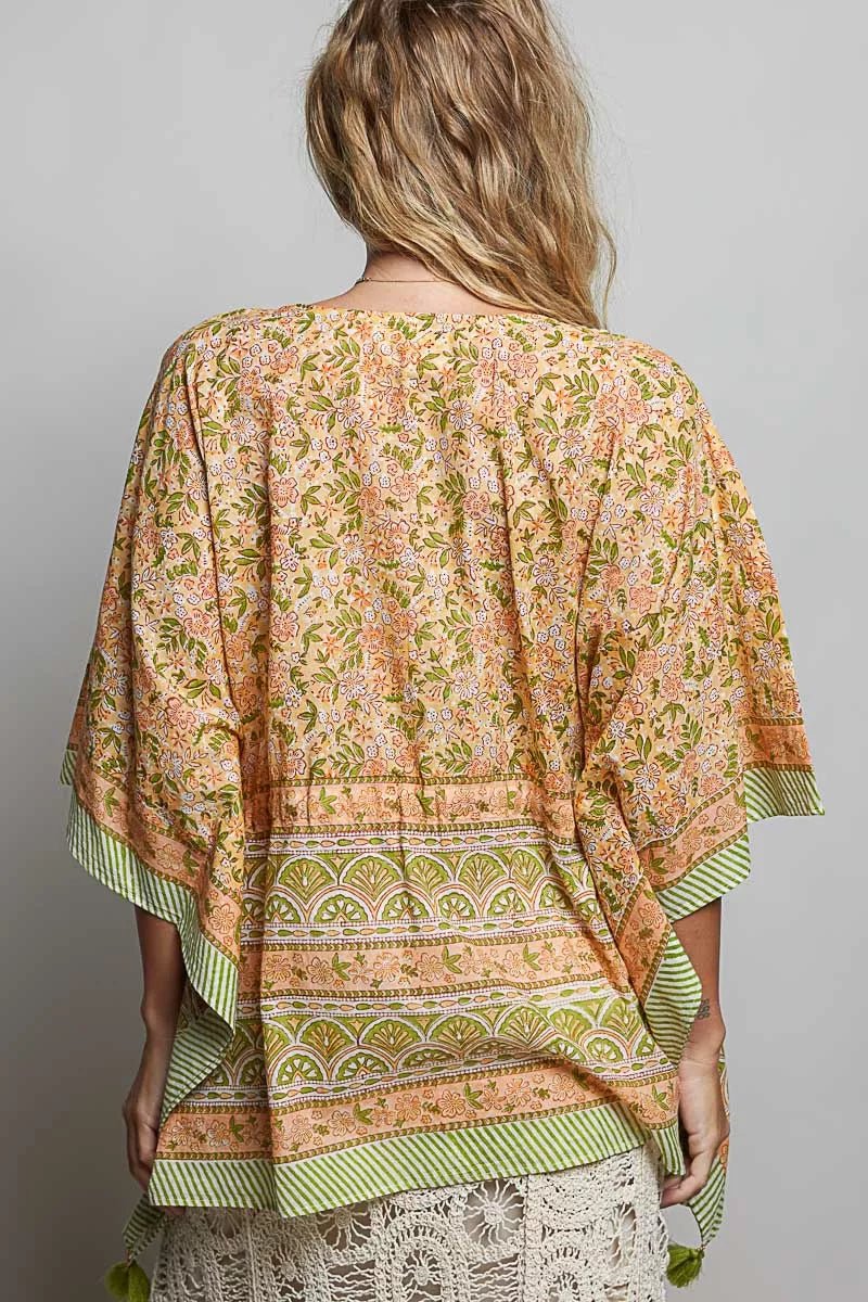 POL Block Print Floral Tie Front Boho Blouse - Desert Sunday